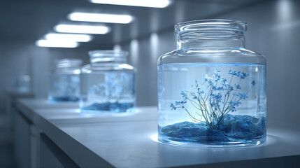 Futuristic Conceptual Art Displaying Hybrid Plants in Biotech Cells for Innovative Flora Conservation and Experimentation in a Modern Laboratory Setting