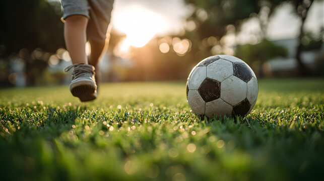 Young child s foot kicking a soccer ball on a lush green grassy field under a bright sunny sky in an outdoor recreational setting showcasing an active sports lifestyle and athletic activity