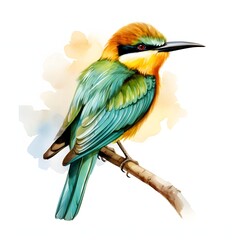 Obraz premium Watercolor illustration of a colorful bee-eater perched on a branch