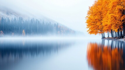 A serene landscape featuring a lake reflecting vibrant autumn trees and a foggy mountain backdrop.