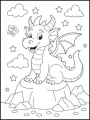 Cute Baby Dragon Sitting on a Rock with Stars, Clouds, and a Butterfly. Fantasy Creature Coloring Page for Kids. Printable Black-and-White Line Art for Children.