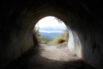 Tunnel slide entrance framing view of landscape beyond, creating an adventurous perspective