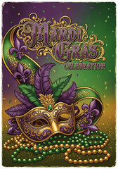 Opulent Mardi Gras Celebration Poster with Mask, Feathers, and Beads in Traditional Purple, Green, and Gold Colors.