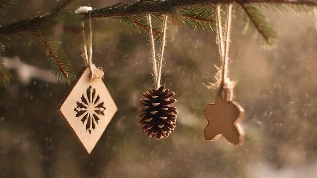 Close-up of Christmas ornaments hanging on a pine tree branch, festive season. Christmas background video.