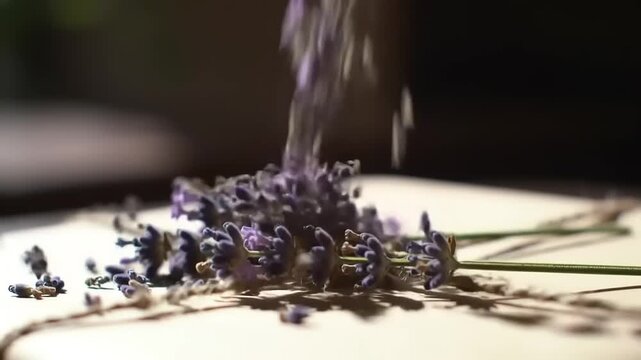 Lavender falling on rustic package.