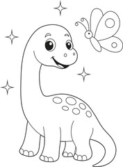 Baby Dinosaur Coloring Page for Kids and Adults.  Cute Long-Neck Dino with Butterfly. Fun Prehistoric Animal Printable for Children.