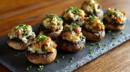 Stuffed mushrooms on a slate tile, presenting a savory treat with elegant simplicity
