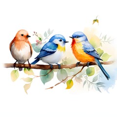 Obraz premium Watercolor painting of three birds perched on a branch with leaves and flowers