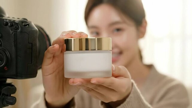 A radiant Korean model presents a skincare product for beauty content and advertising.