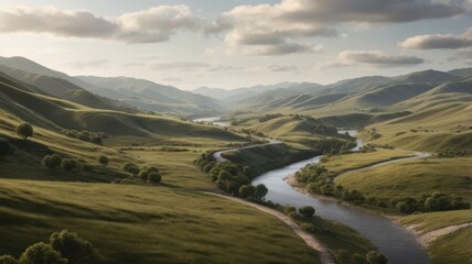 Serene River Valley: Rolling Green Hills and Winding Waterway under a Cloudy Sky