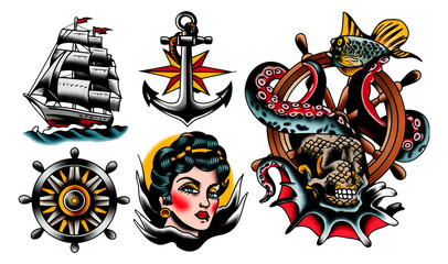 Traditional Nautical Tattoo Art Collection Featuring Sailor, Anchor, and Skull Designs