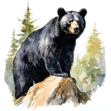 Majestic black bear standing on a rock in a watercolor painting