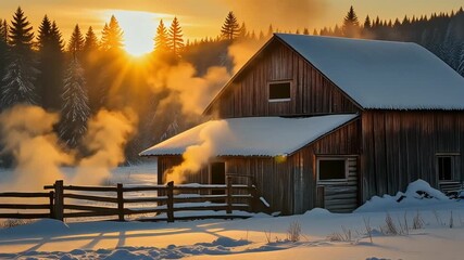 Warm sunrise over snowy wooden cabin in winter countryside - Powered by Adobe