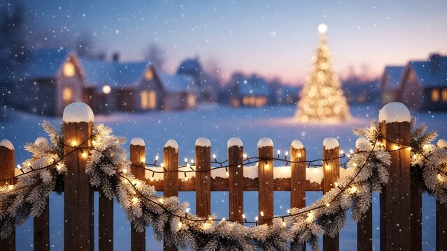 Festive Winter Village Scene with Snowy Houses and a Decorated Christmas Tree, Illuminated by String Lights