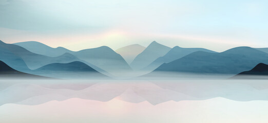 Minimalist landscape art background in cool tones with mountains and a lake in a watercolor style. A natural banner for decor, wallpaper, packaging, prints, posters, and interior design.