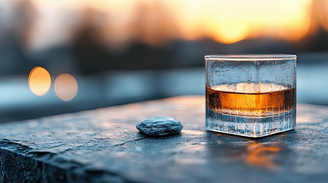 A glass of whiskey with water droplets sits on a stone surface, a small rock is beside it. The background is blurred with warm sunset colors.