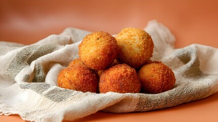 Croquettes with mustard linen napkin, peach background for an elegant culinary display