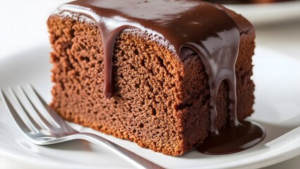Delicious chocolate cake slice with rich ganache, dessert on white plate, fork.
