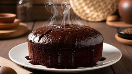 Delicious chocolate cake with rich glaze served on a white plate, dessert.