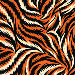 Seamless vector background showcasing a stylized wild animal skin, capturing the abstract fur texture of a tiger with bold orange and black stripes © Merisca