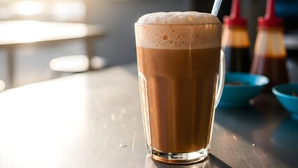 Refreshing Iced Milk Tea with Frothy Foam in a Glass, Cafe Setting.