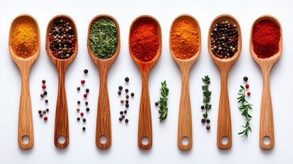 Overhead shot of wooden spoons filled with various spices and herbs, arranged on a white surface. The image highlights the colorful ingredients.