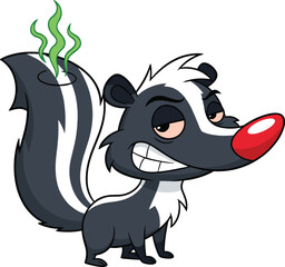 Funny cartoon skunk with red nose and green stink, mischievous grin and tired eyes, humorous animal vector illustration