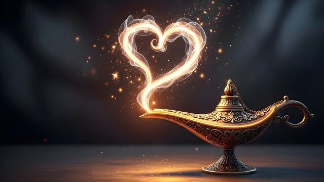 Magical golden genie lamp with heart-shaped smoke and sparkling lights on dark background.
