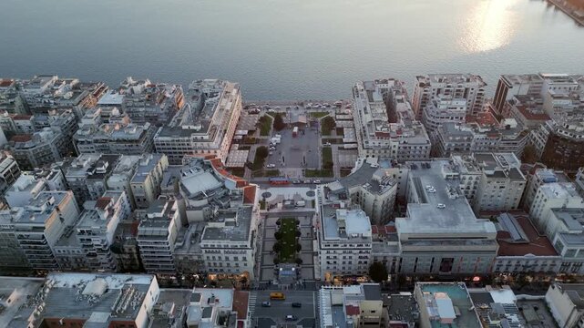 Aerial drone view of Aristotelous Square, Thessaloniki at sunset