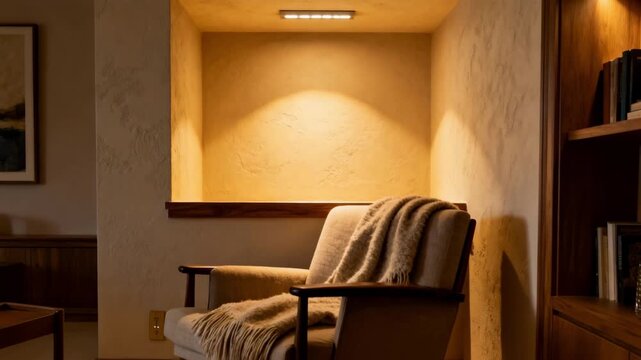 Medium shot capturing a recessed drywall lighting inset illuminating a cozy corner demonstrating ambient lighting integration within builtin wall features.