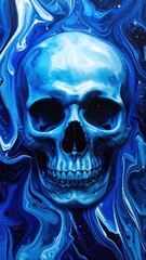 A striking blue skull with swirling, flowing, abstract, liquid-like, artistic background.