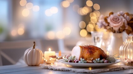 Futuristic geometric minimalism - Festive Thanksgiving Table Setting with Roasted Turkey and Decorative Lights - abstract composition