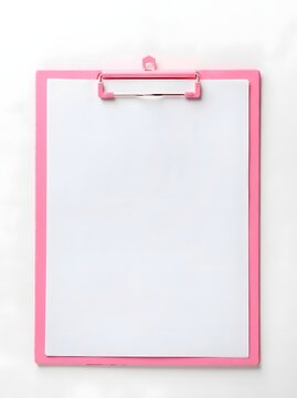 A pink clipboard holding a blank white sheet of paper, hanging against a white background.