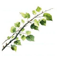 Fototapeta premium Elegant birch branch with fresh green leaves on a bright white background