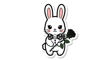 Obraz premium Whimsical Goth: Adorable Kawaii Bunny with Black Rose and Skull Bowtie Illustration