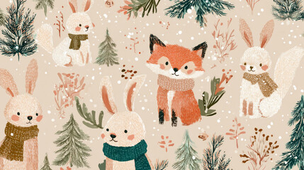 Foxes, deer and bunnies in scarves — adorable woodland winter seamless pattern for kids’ fabrics and nursery decor. on neutral background sweet invitation card illustration storybook hand drawn art