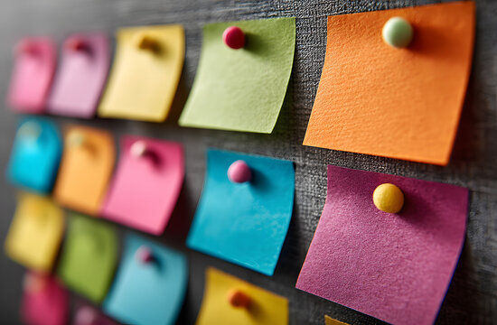 Close-up of wall covered colorful Post-it Notes. Idea generation, creative communication, brainstorming concept. Sticky notes, reminder, business, team work, project planning, data management.