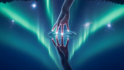 The scene is set under a dramatic green aurora borealis, with stars and nebulae visible in the night sky, creating a feeling of connection, magic, and the cosmic