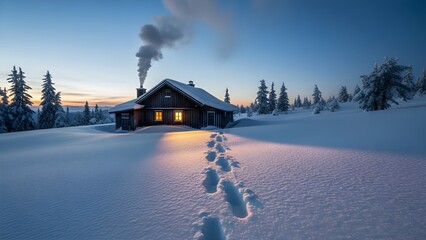 A warm, rustic wooden cabin stands in a silent, snowy wilderness at twilight. Golden light streams from the windows, illuminating fresh footprints leading up to the door. Smoke curls from the chimney 