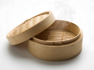Fototapeta premium Bamboo steamer with lid slightly ajar, showing steam rising, on a white background, ready for cooking Asian cuisine.