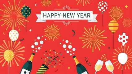 ​A festive illustration on a red background celebrating the New Year with fireworks, balloons, and champagne.