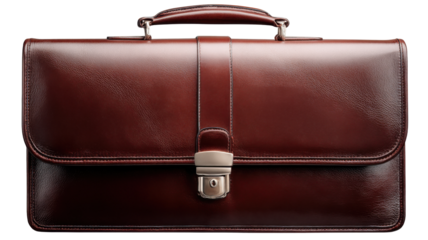 Elegant brown leather briefcase with metal lock on transparent background for professional business design