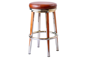 Classic wooden bar stool with polished metal accents and a comfortable upholstered seat isolated on transparent background