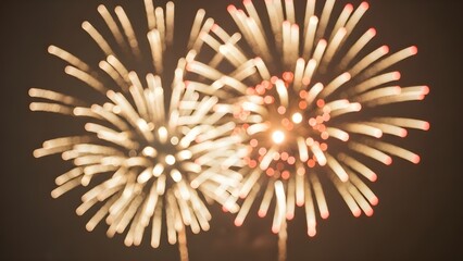 The fireworks display a radial pattern, with streaks of light radiating outwards from central points. There are hints of red or orange near the center of the bursts. 