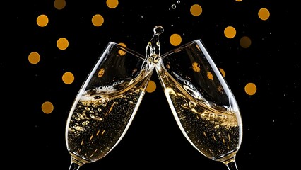 This is a dynamic photograph of two champagne flutes toasting against a dark, black background. The glasses are filled with a golden, bubbly liquid, which is splashing slightly at the point of impact.