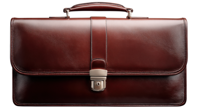 Elegant brown leather briefcase with metal lock on transparent background for professional business design