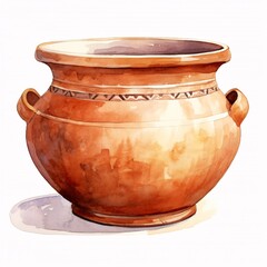 Charming terra cotta pot with handles painted in watercolor style on white background