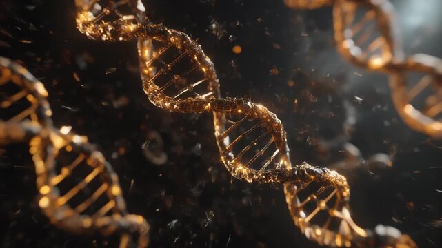 Stunning 3D representation of DNA with golden strands and particles, ideal for science and biotechnology visuals