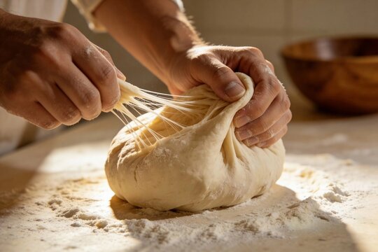 Close-up of hands kneading fresh bread or pizza dough on a floured wooden table, baking and cooking preparation, generative AI - Powered by Adobe