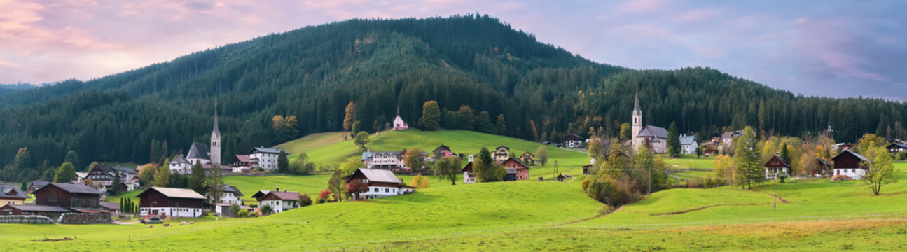 Super panoramic view of one of the best scenic small towns Gosau in Austria known for tall churches.